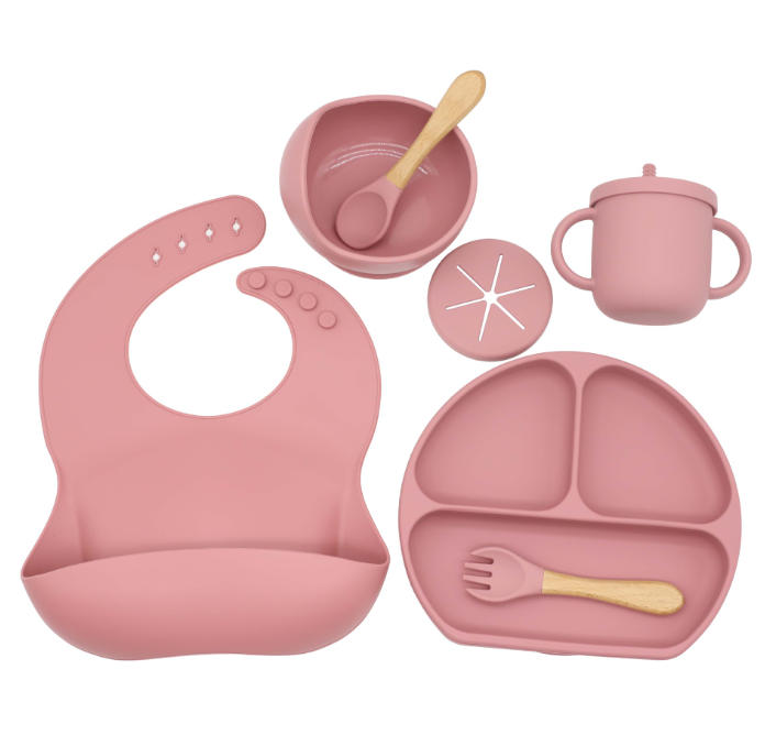 Silicone plate, baby bib, baby bowl, placemat, spoon, fork, anti-drop snack cup set