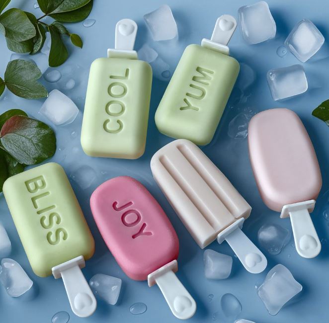 New Design Three Cavity Alphabet Printed Silicone Popsicle Molds with Ice Cream Sticks, DIY Household Ice Pop Ice Cream Silicone Mould